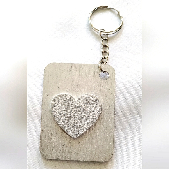 NEW Handmade Keychain Bag Tag! Hologram Geo. & Silver Wood Heart. Unisex. - Picture 4 of 8